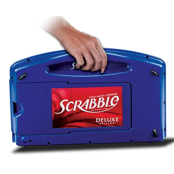 SCRABBLE DELUXE TRAVEL EDITION Rotating Gameboard In Blue Case With Drawers, New - Picture 1 of 1